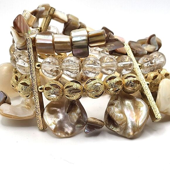 Bohemian Abalone Gold and Crystal Multilayer Beaded Bangle Bracelet 8.5in - Picture 1 of 4